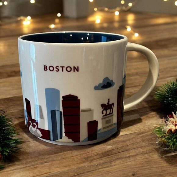 Starbucks BOSTON You Are Here 14 oz Coffee Mug Cup Navy Blue Harbor Skyline EUC - Picture 1 of 5